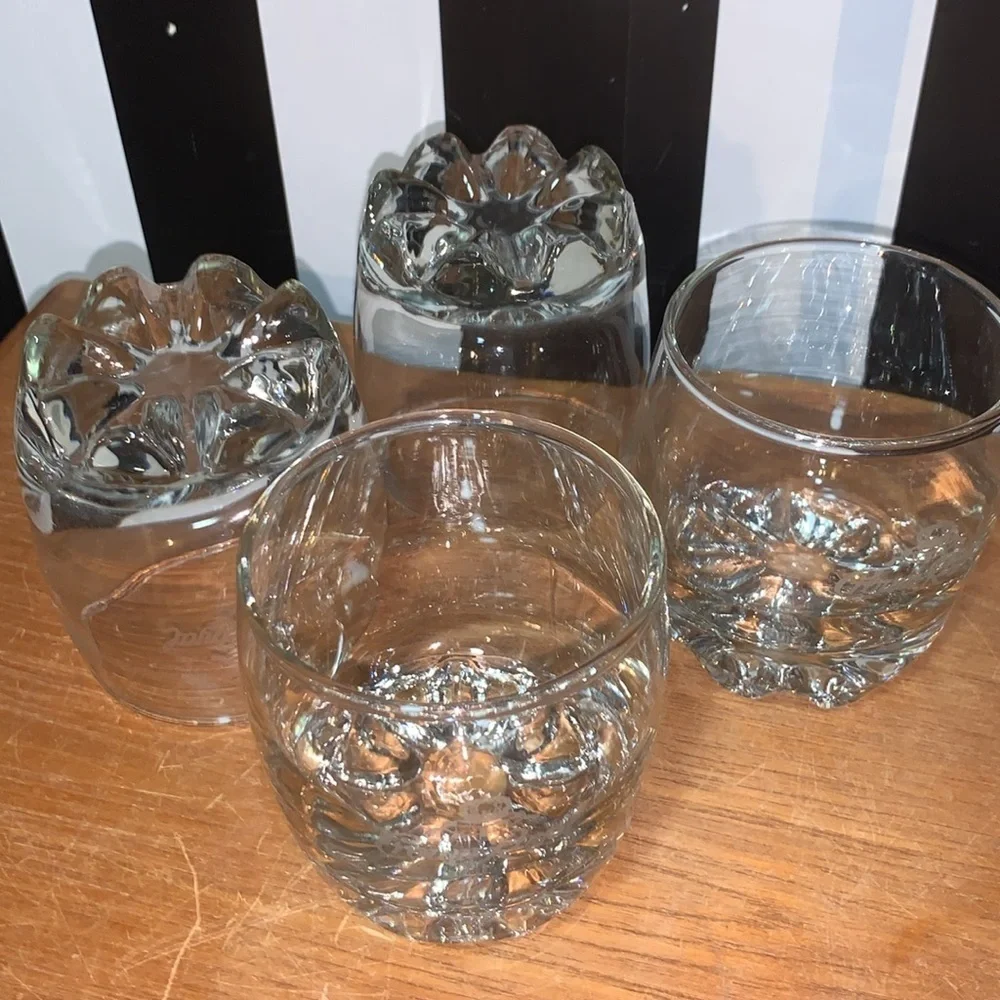 1990s Crown Royal Branded Bar 4 Glasses Etched Rocks  Glass Heavy Bottom Barware